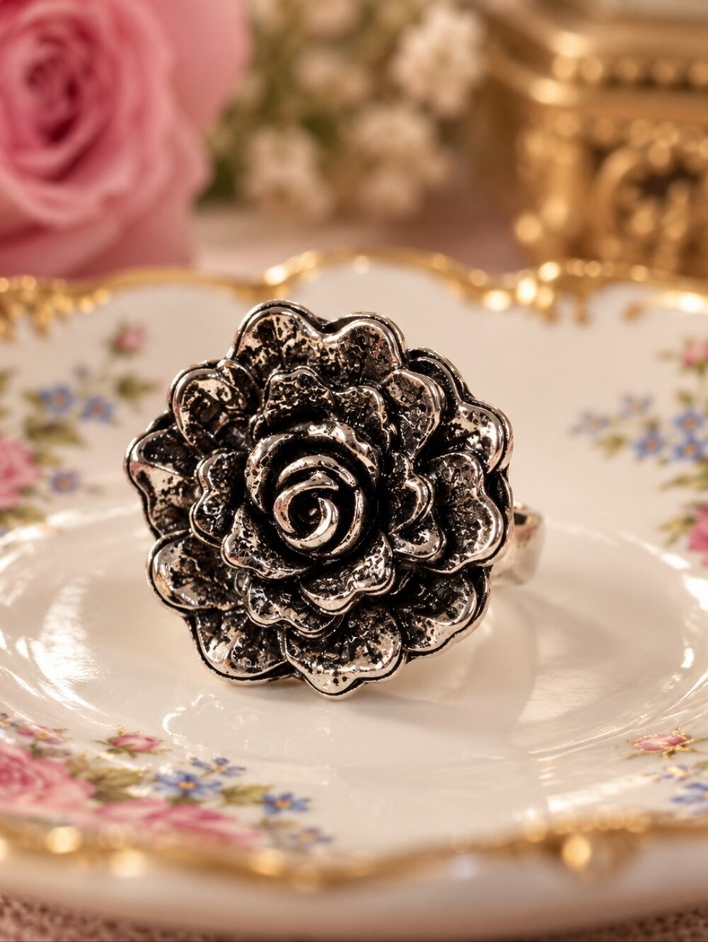 Plunder Silver Rose Ring Size 8